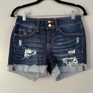 SO Dark Wash Low Rise Favorite Midi Distressed Denim Shorts‎ SZ 5